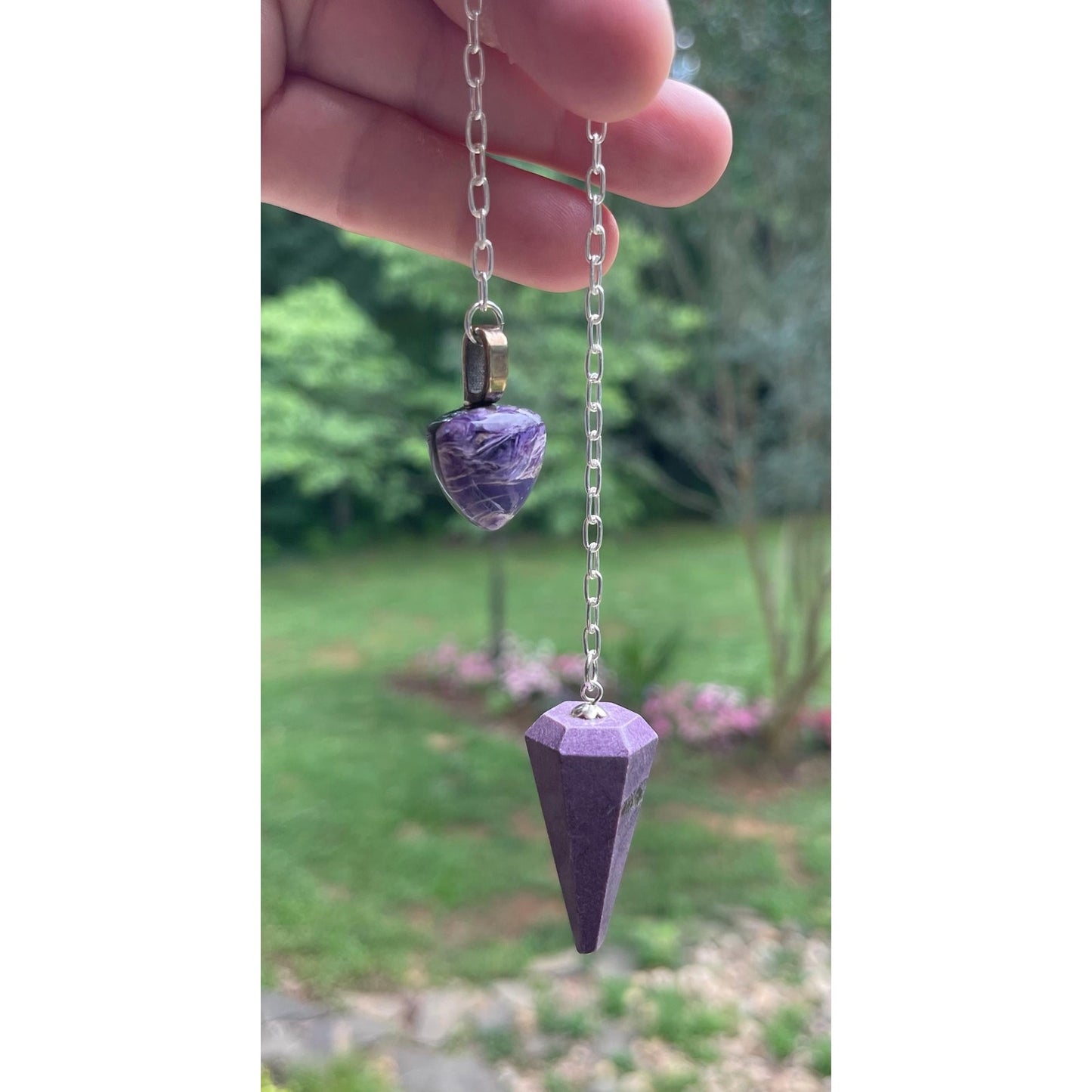 Luxury Stichtite Pendulum with Rare Russian Charoite Handle | Heavy Precious Metal Sterling Silver Chain | Handmade One-of-a-Kind