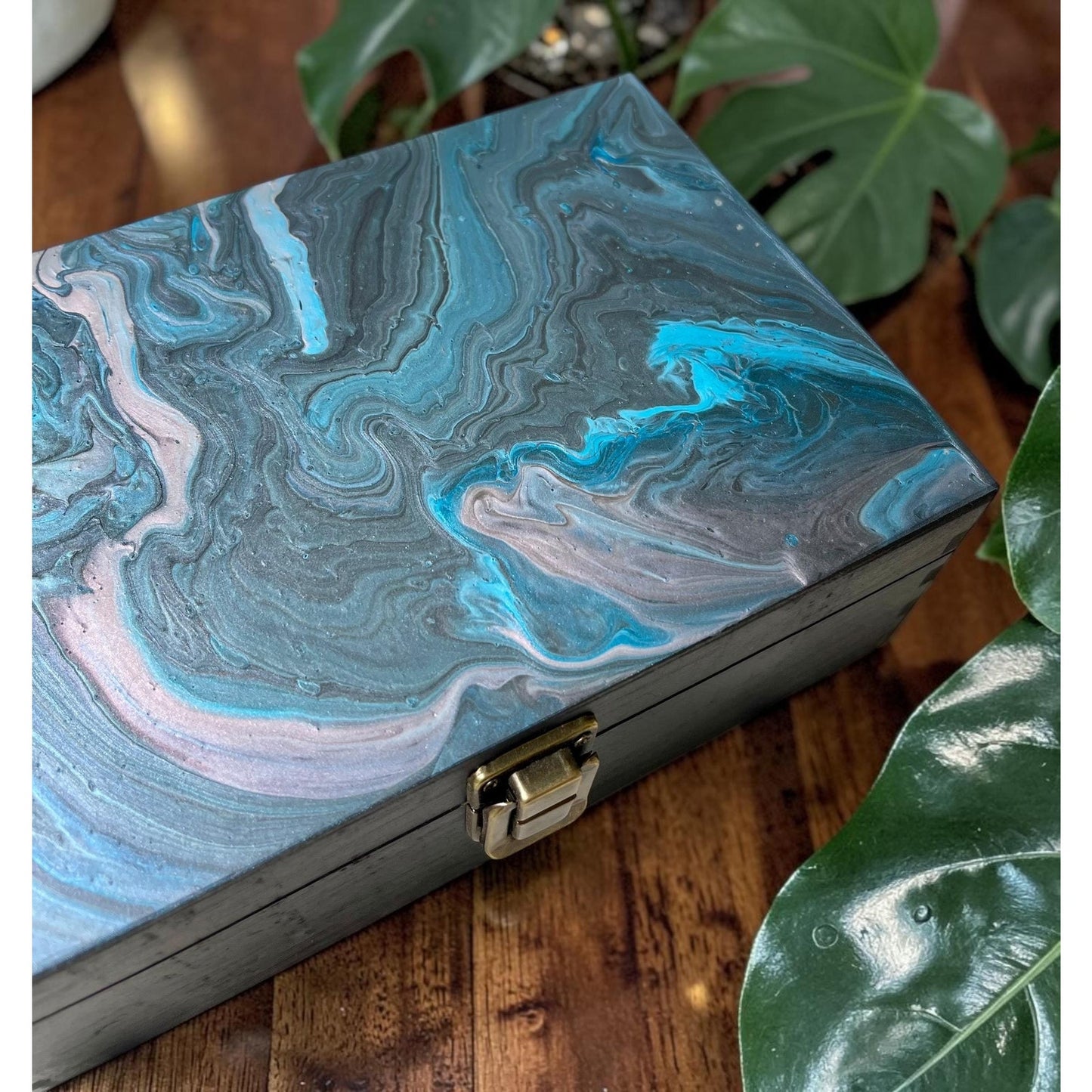 Hand Painted Wooden Stash Box | Abstract Fluid Art Keepsake Box | Crystal & Jewelry Storage | Moody Boho