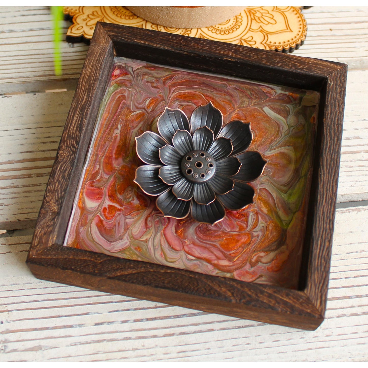 Lotus Incense Holder • Hand Painted Resin Art Tray •