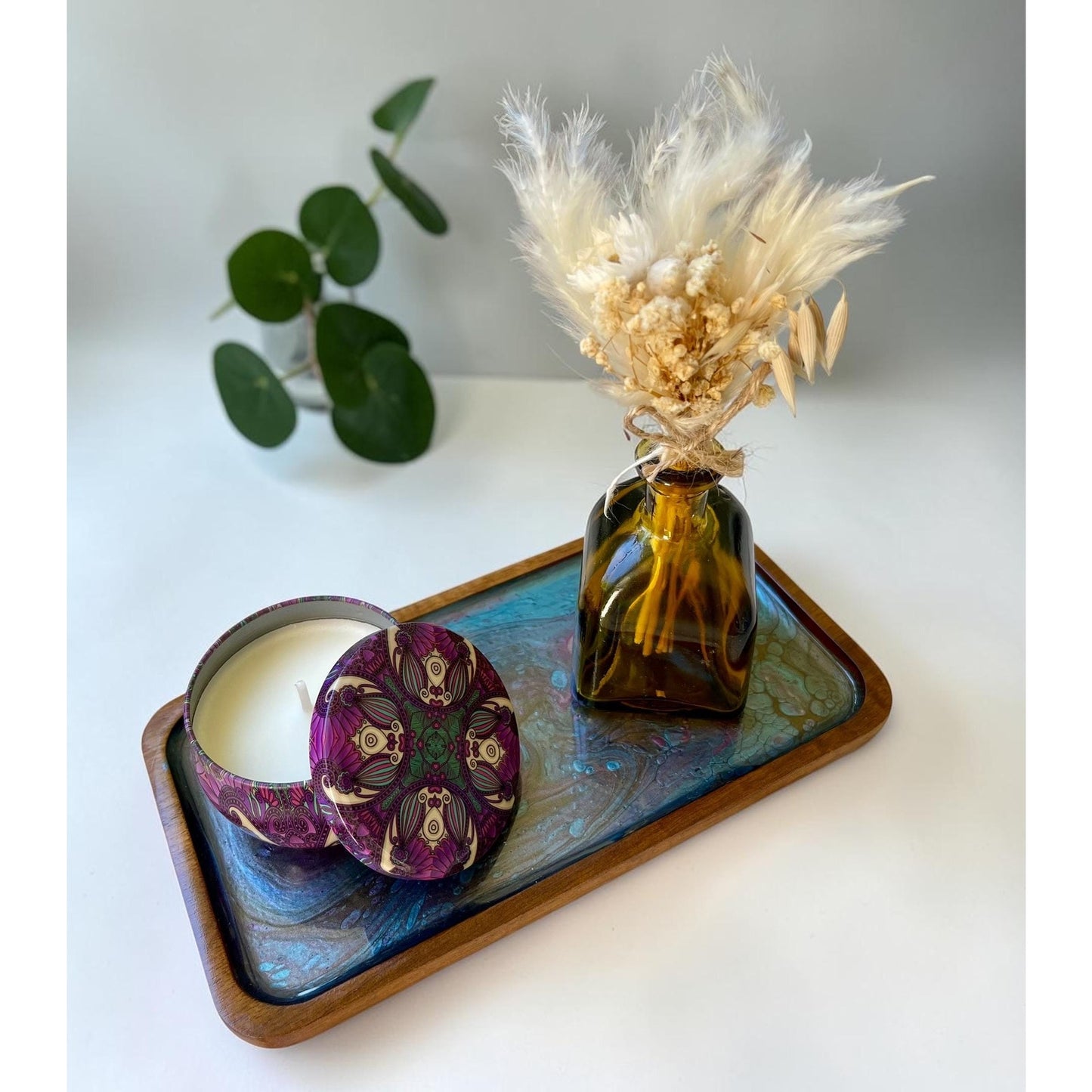 Handmade Resin Tray Set with Soy Candle & Dried Flowers | Small Vanity Tray | Boho Home Decor | Gift Set
