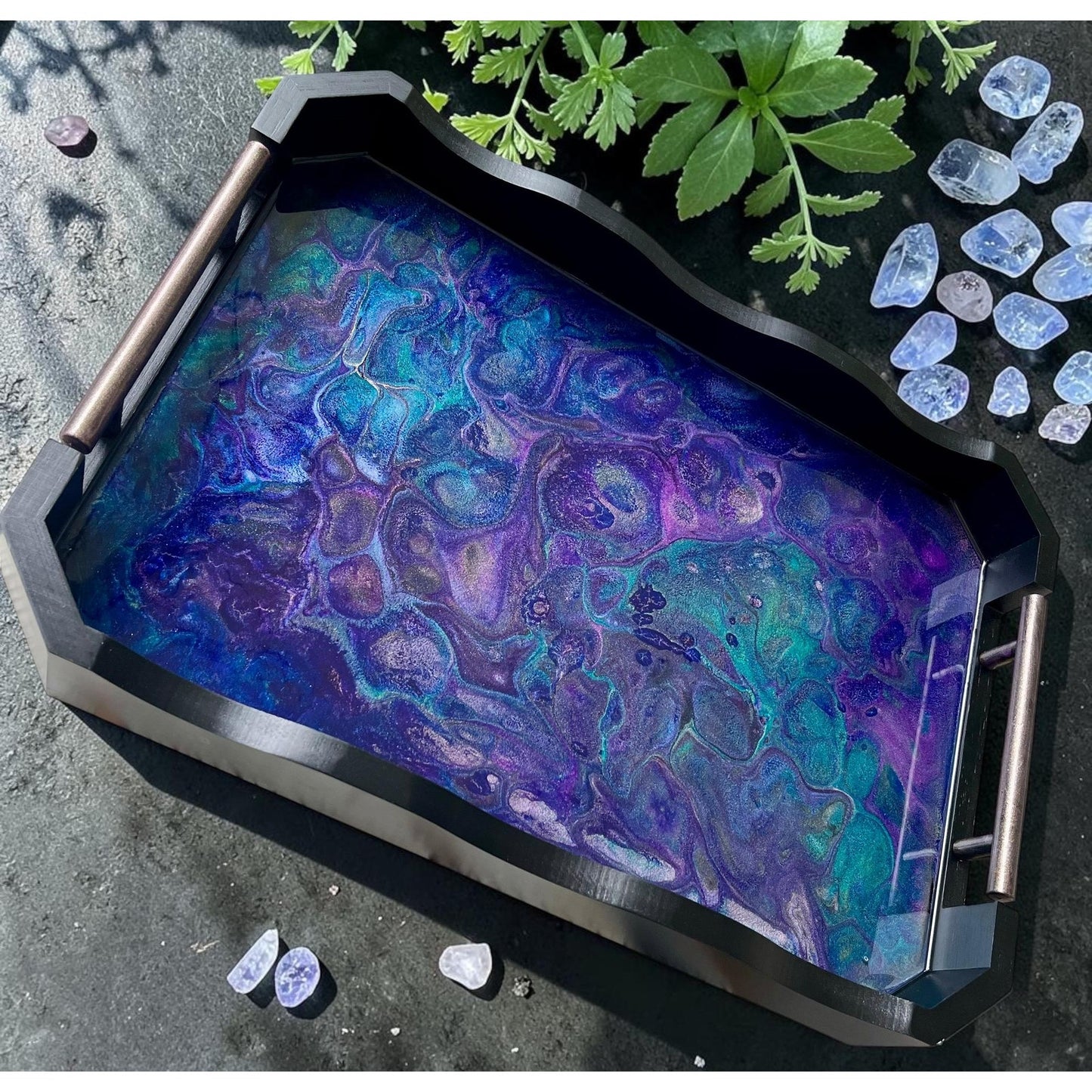 Moonstone Abysse Resin Art Tray | Celestial Decorative Tray | Indigo Teal Fluid Art | Handmade Serving Tray | Luxury Mystic Home Decor