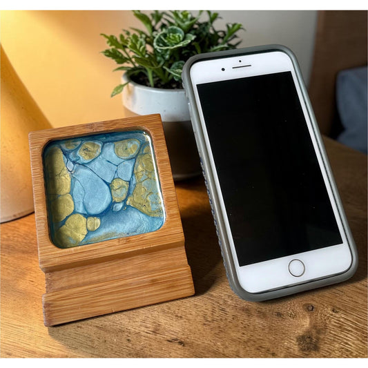 Phone Stand with Tray – Handmade Wood Phone Holder – Resin Art Phone Dock – Desk Phone Organizer – Cell Phone Accessory