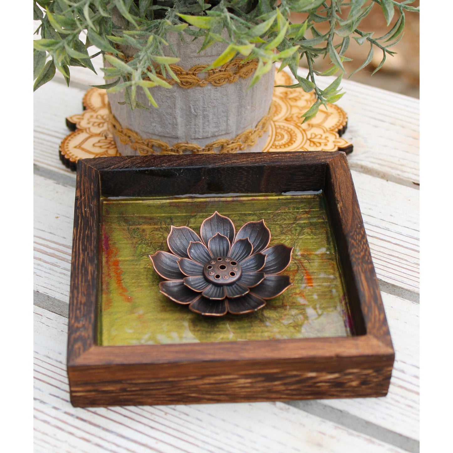 Hand Painted Lotus Incense Holder – Resin Sealed Acrylic Pour Art –
