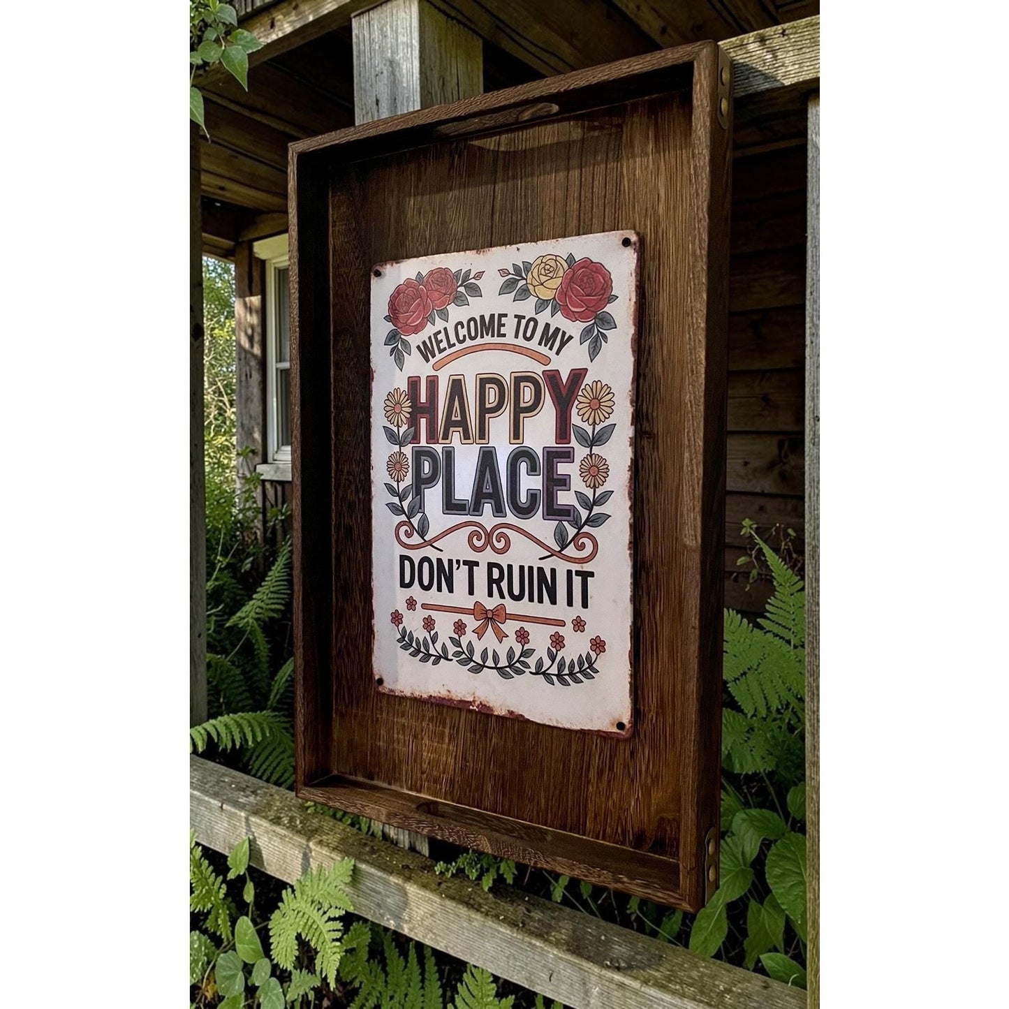 Funny Welcome Sign 18” | Welcome to My Happy Place Don’t Ruin It | Rustic Wood Wall Decor | Housewarming Gift | Farmhouse Sign
