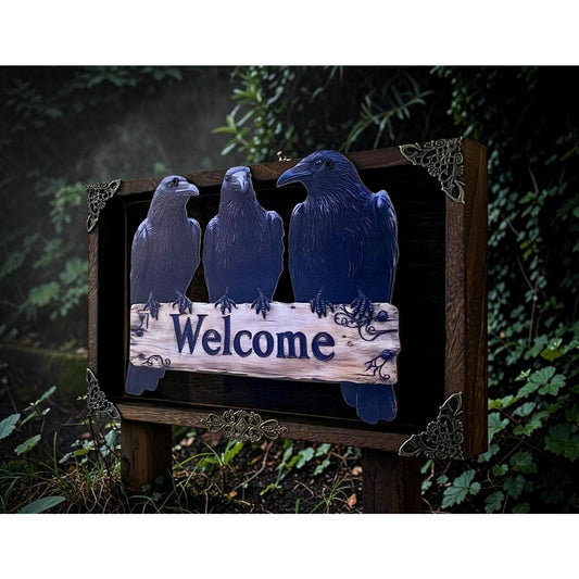 Three Ravens Welcome Sign | Gothic Raven Decor | Cottagecore Wall Art | Rustic Woodland Welcome Plaque | Handmade Ready to Hang Sign