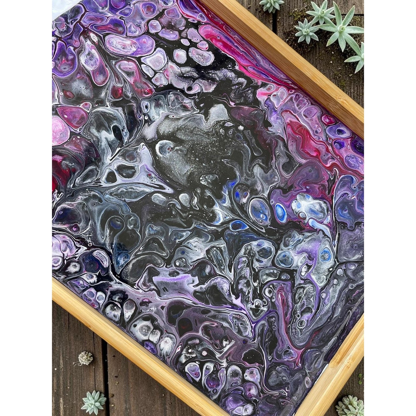 Crushed Merlot Serving Tray – 14x10 Resin Art Tray – Deep Wine & Plum Acrylic Pour – Handmade Wooden Tray – Functional Art Decor