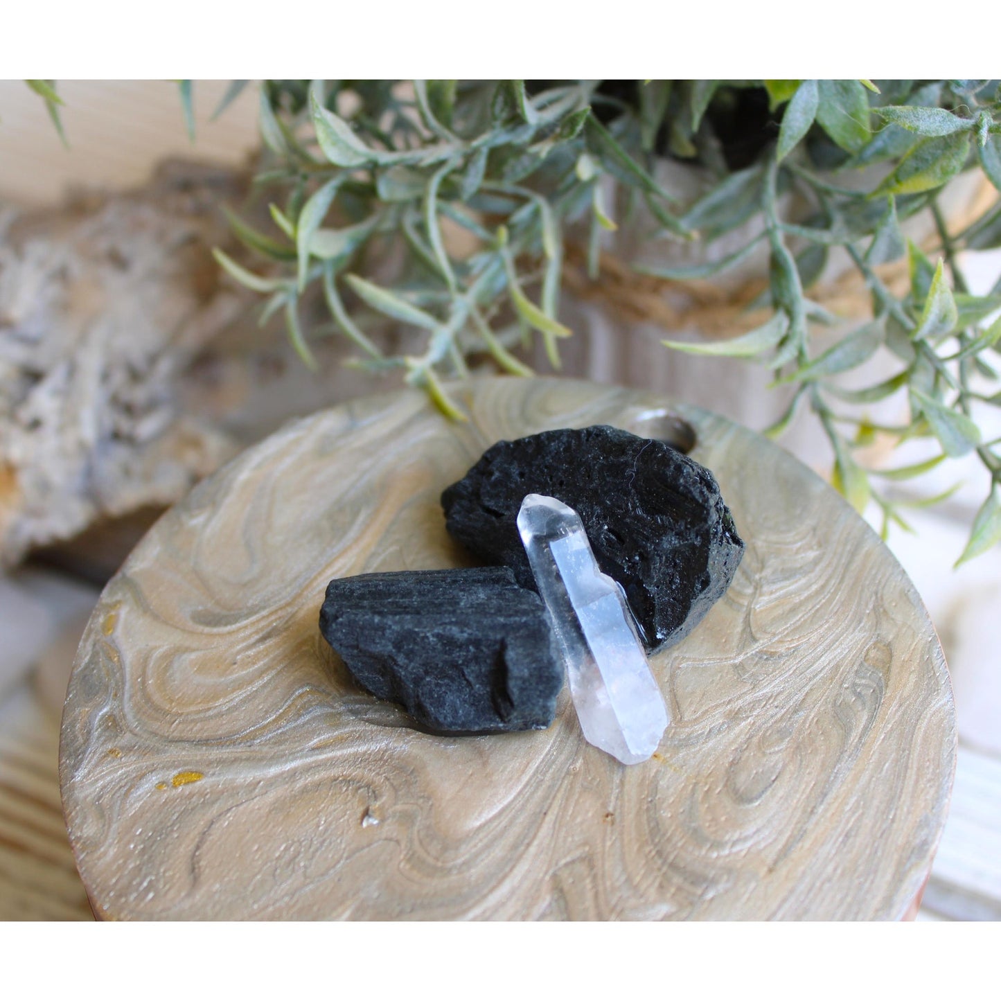Stash Box, Jewelry Box, Keepsake Box, Hand Painted Box Crystals Black Tourmaline, Clear Quartz 4" x 4 x 3"