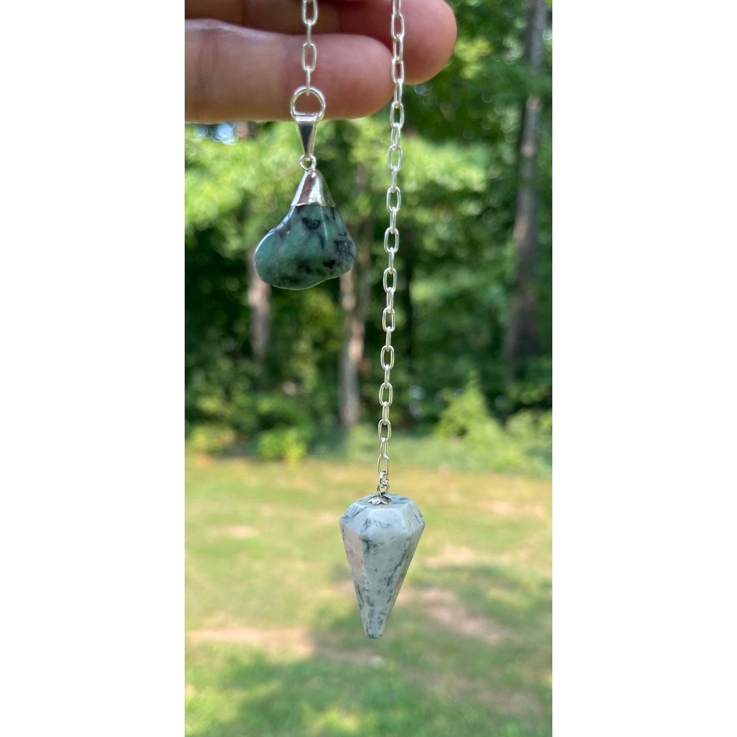 Luxury Tree Agate Pendulum with Raw Emerald Handle | Sterling Silver Chain | Crystal Divination Tool | Meditation & Spiritual Gift |