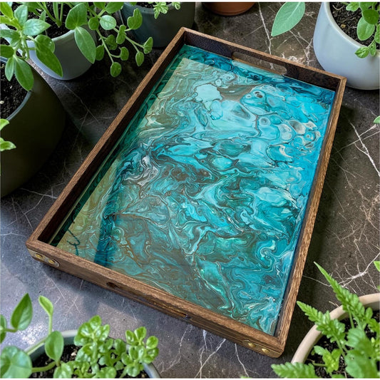 Glacial Vein Resin Art Tray | 18x12 Handmade Serving Tray | Turquoise Fluid Art | Luxury Home Decor | Coastal Decor | Functional Art Tray