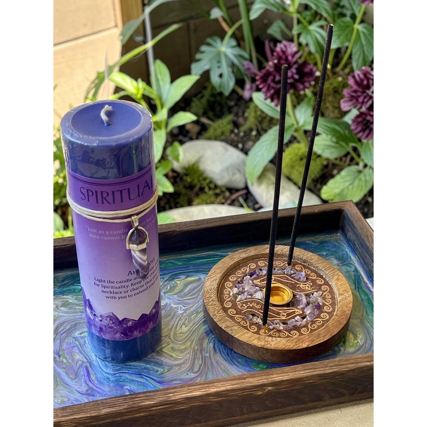 Hand Painted Spiritual Tray with Amethyst Intention Candle & Incense Holder – Meditation Altar Decor – Crystal Ritual Se