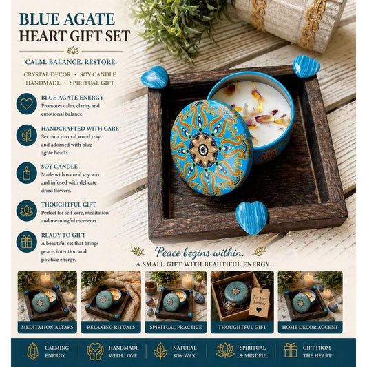 Blue Agate Heart Gift Set | Mini Tray with Soy Candle & Dried Flowers | Crystal Decor | Small Spiritual Gift | Meditation Decor