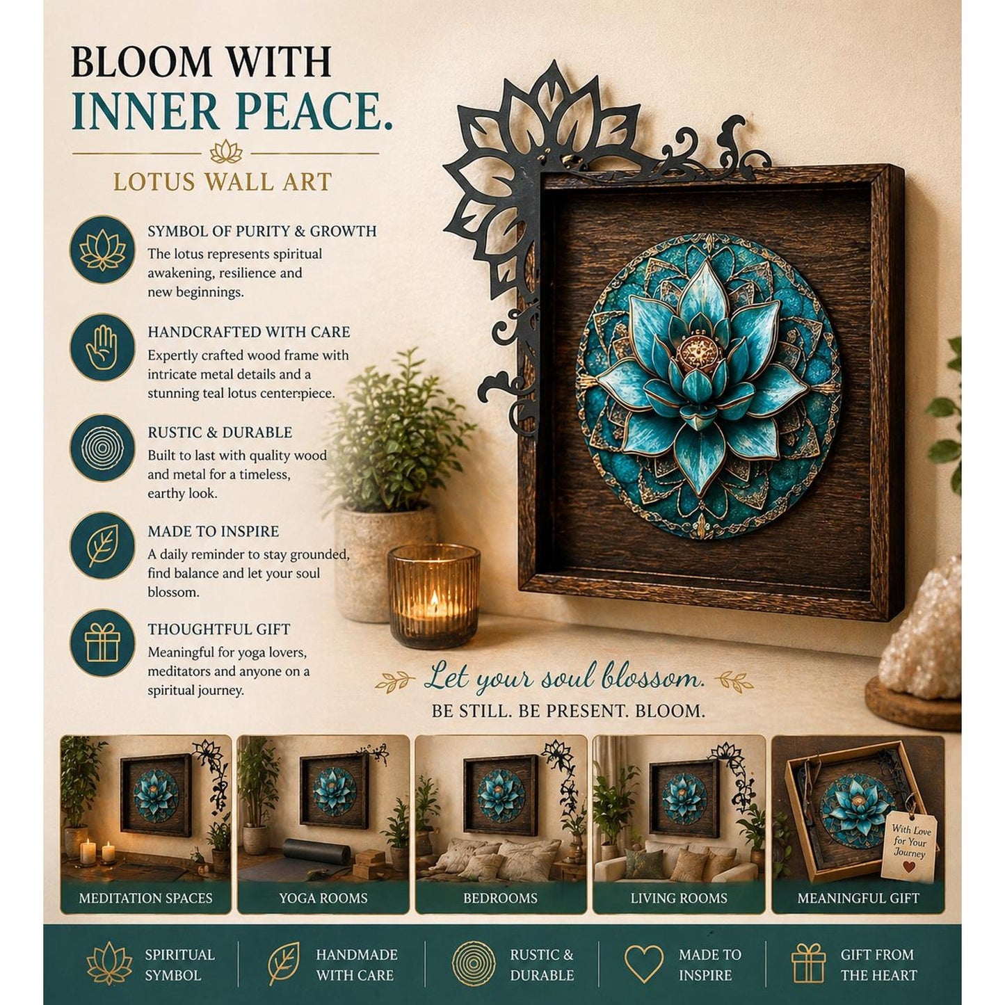 Lotus Wall Art Wood and Metal 10.5” | Teal Mandala Decor | Meditation Yoga Wall Decor | Spiritual Boho Wall Art | Handmade Lotus Flower
