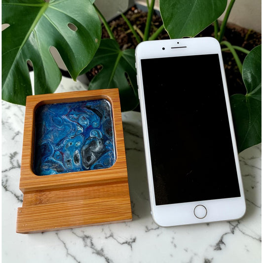 Phone Stand with Tray – Handmade Wood Phone Holder – Resin Art Phone Dock – Desk Phone Organizer – Cell Phone Accessory