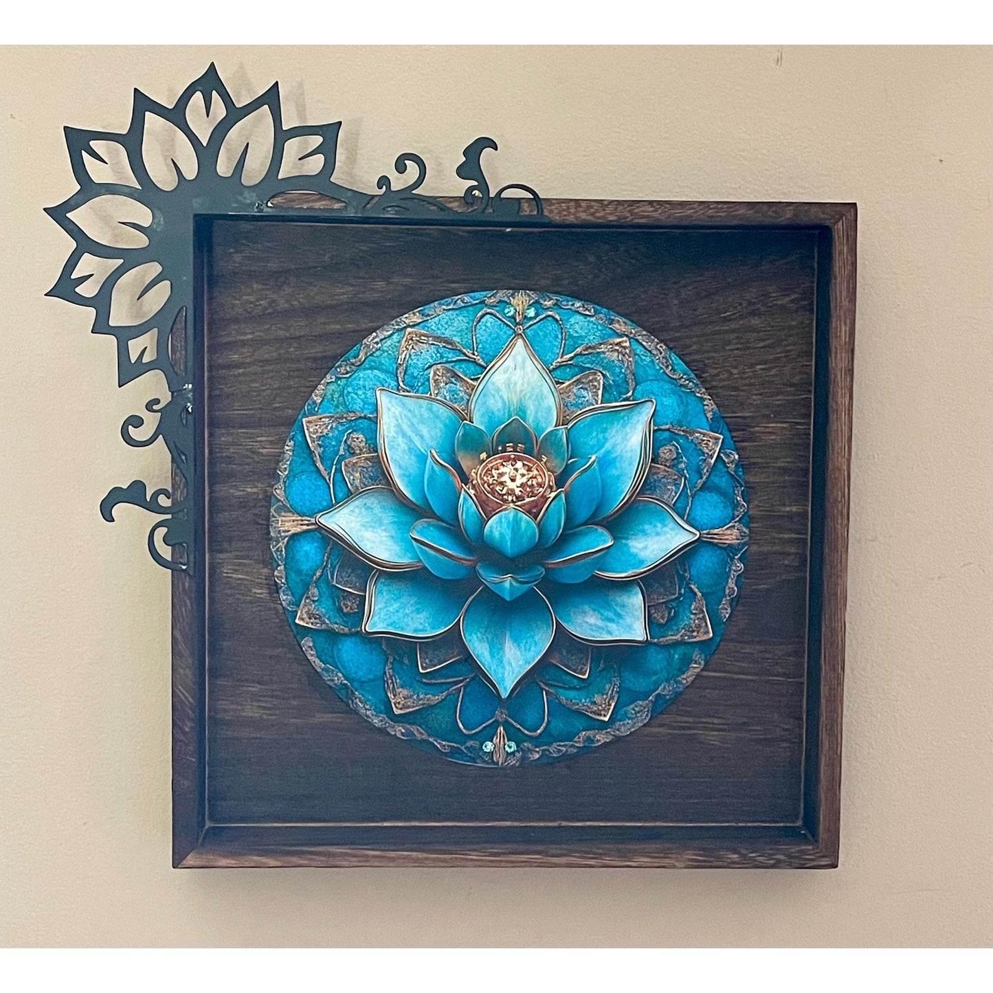 Lotus Wall Art Wood and Metal 10.5” | Teal Mandala Decor | Meditation Yoga Wall Decor | Spiritual Boho Wall Art | Handmade Lotus Flower
