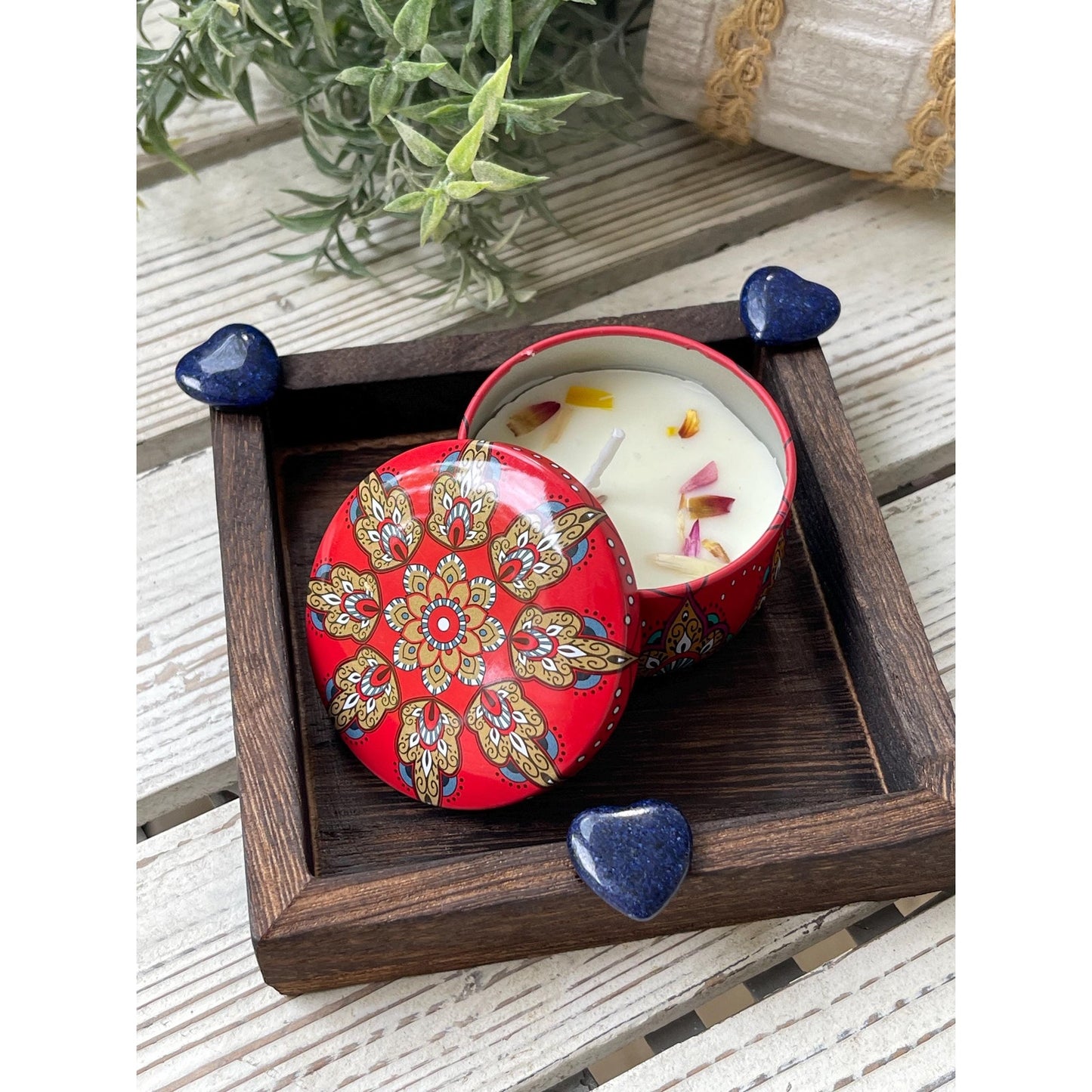 Lapis Lazuli Heart Gift Set | Mini Tray with Soy Candle & Dried Flowers | Crystal Decor | Spiritual Gift | Handmade Home Decor