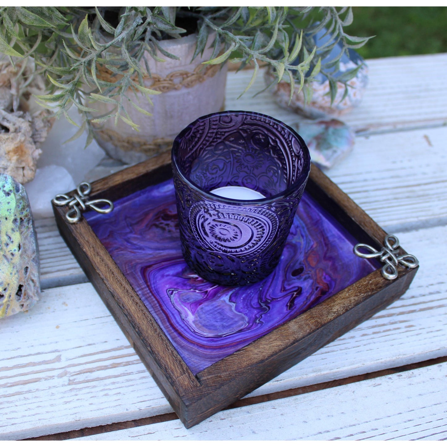 Candle Holder and Candle Celtic Harmony Hand Painted Wood