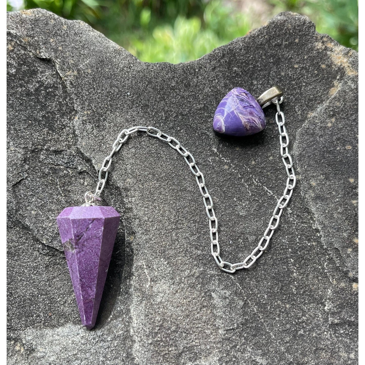 Luxury Stichtite Pendulum with Rare Russian Charoite Handle | Heavy Precious Metal Sterling Silver Chain | Handmade One-of-a-Kind