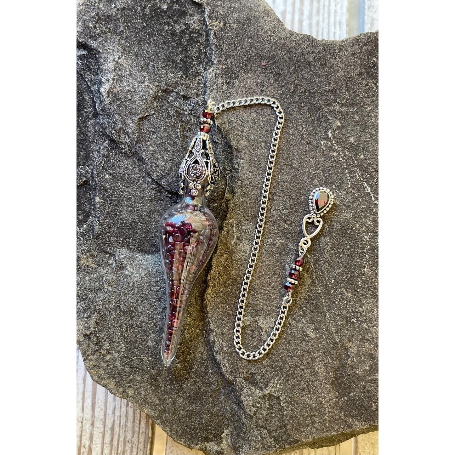 Handcrafted Garnet Vessel Pendulum with Sterling Silver Garnet Accent | Crystal Divination Tool | Reiki Pendulum | Root Chakra Crystal |