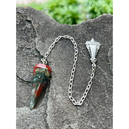 Luxury African Bloodstone Pendulum with Sterling Silver Handle & Chain | Handcrafted Crystal Divination Tool | Reiki Meditation |