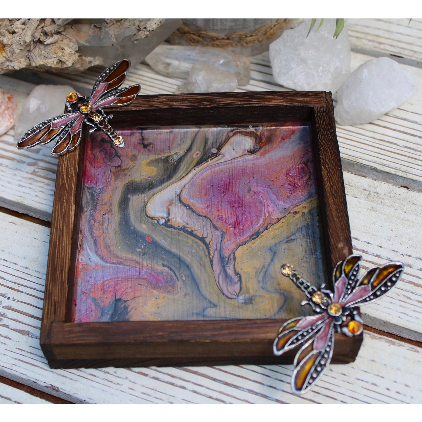 Hand Painted Dragonfly Wood Candle Holder: Acrylic Pour