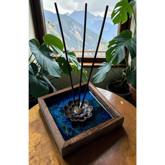 Blue Morpho Abyss Lotus Incense Holder | Handmade Resin Art Decor | Sapphire & Turquoise Lotus Burner | Meditation Altar Decor | 4 Inch