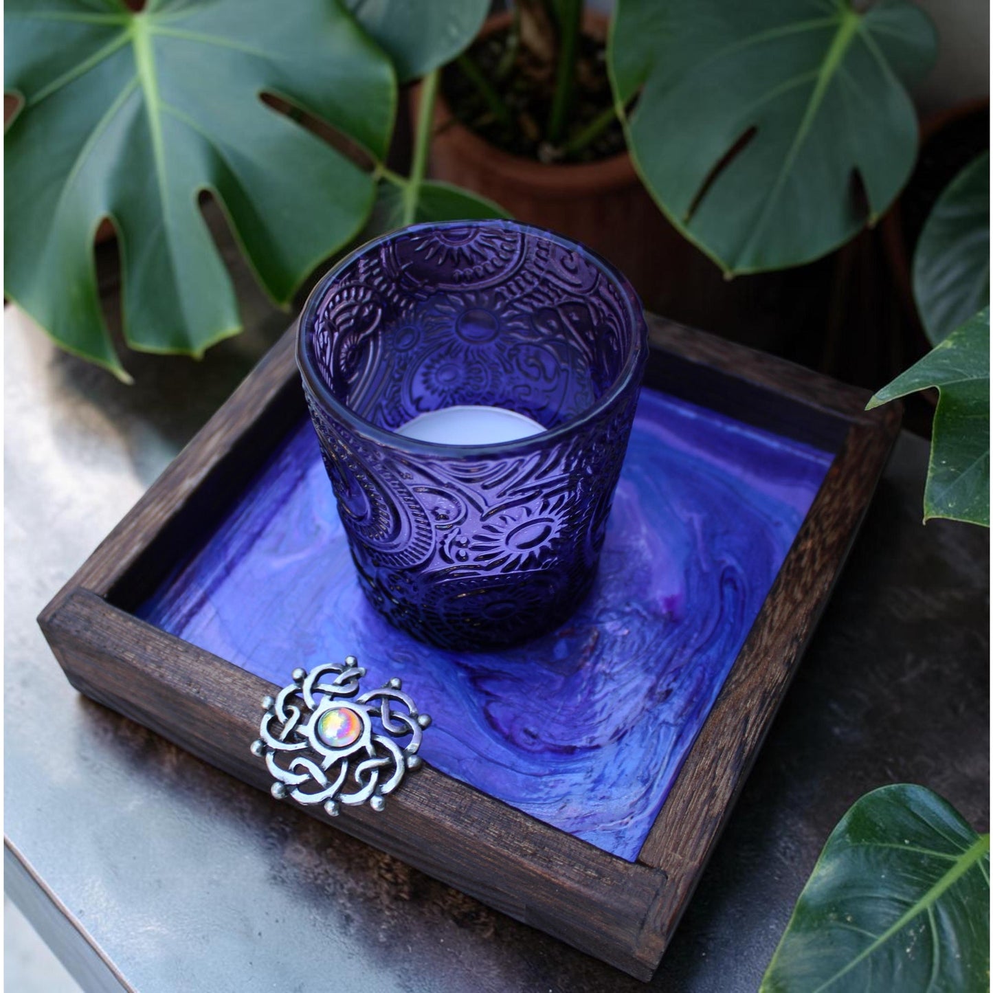 Candle Holder and Candle Celtic Harmony Hand Painted Wood