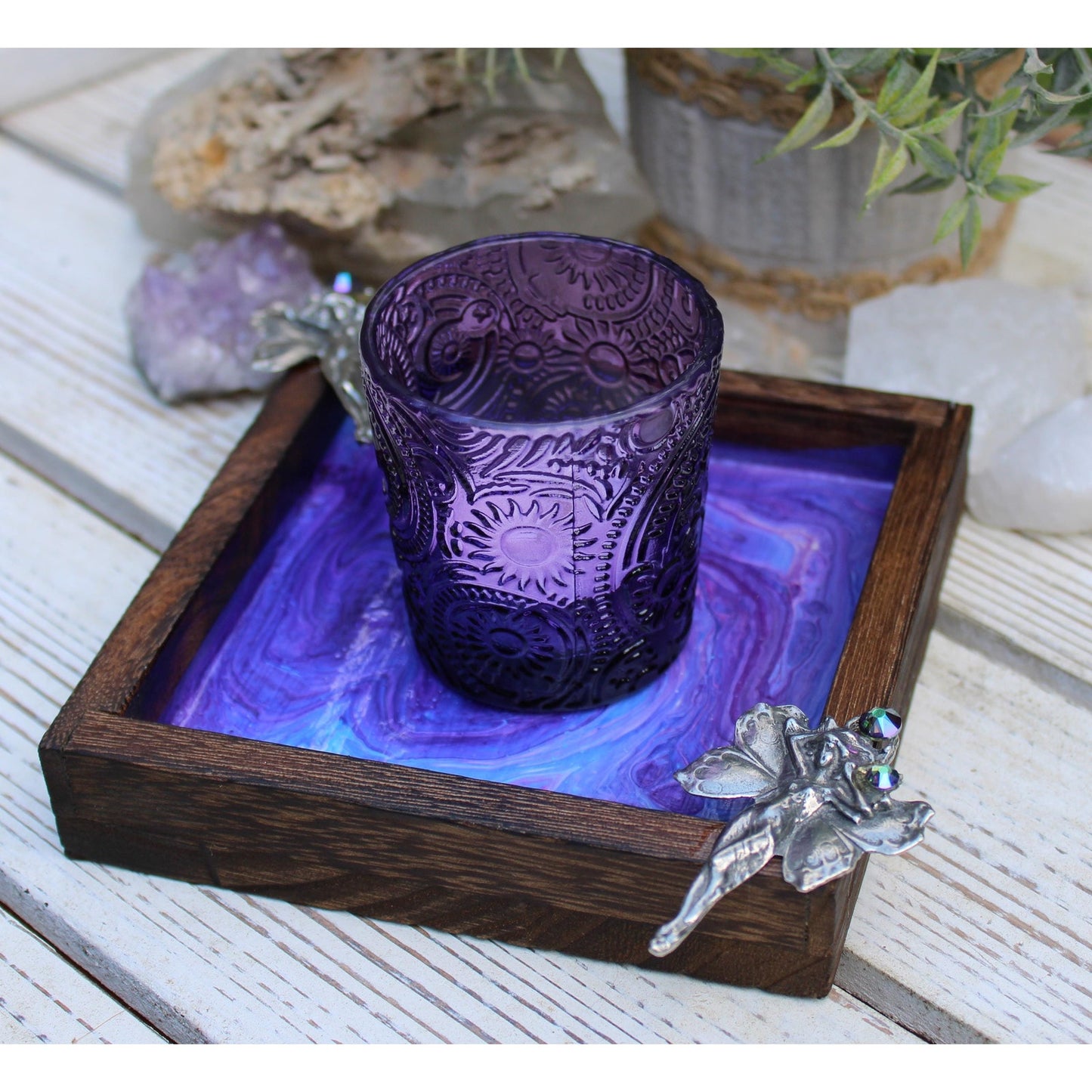 Hand Painted Wood Fairy Candle Holder with Glass Votive