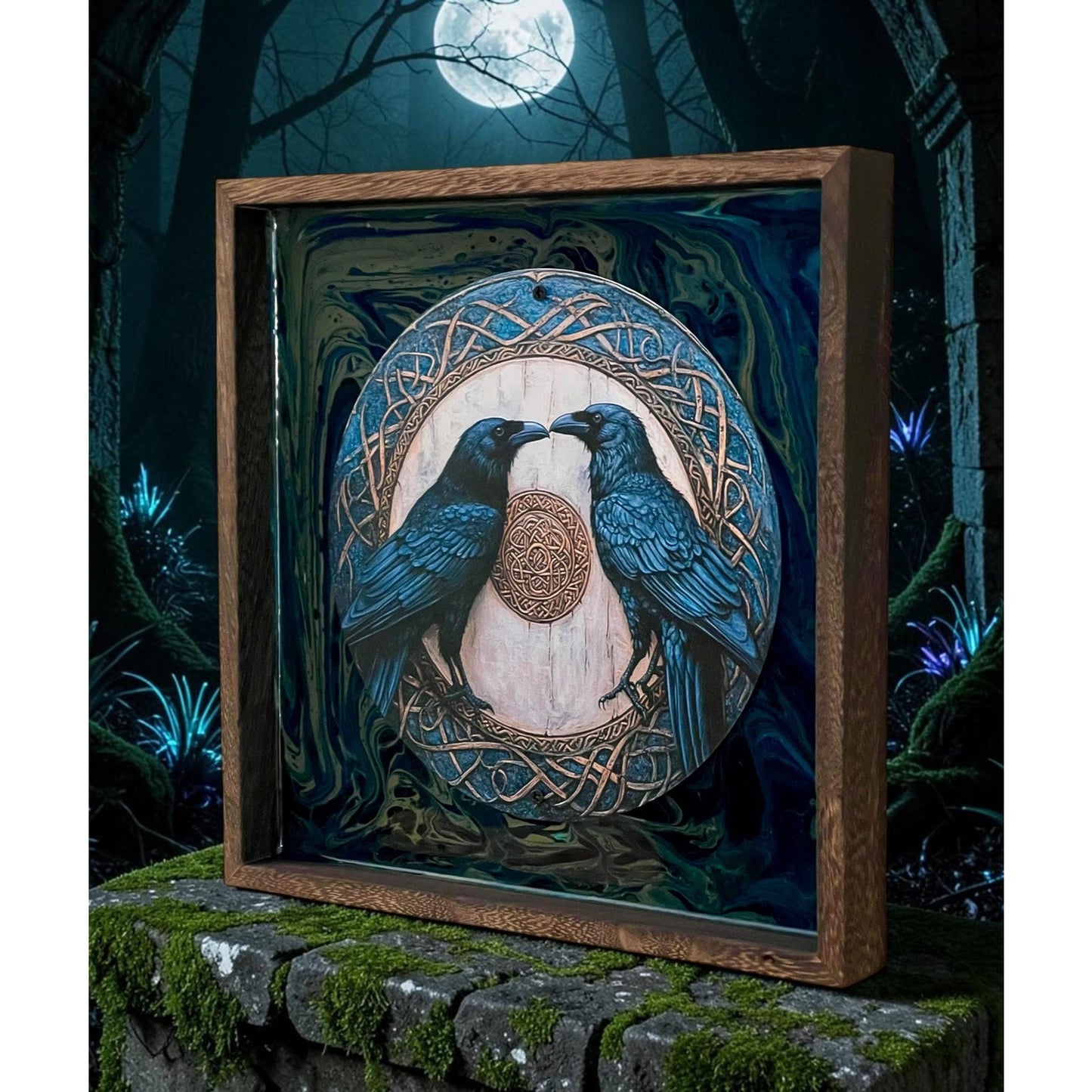 Gothic Raven Wall Art – Celtic Knot Ravens – Teal Resin Art – Mystical Decor – Norse Pagan Inspired – Hand Painted Wood Wall Hanging 10.5”