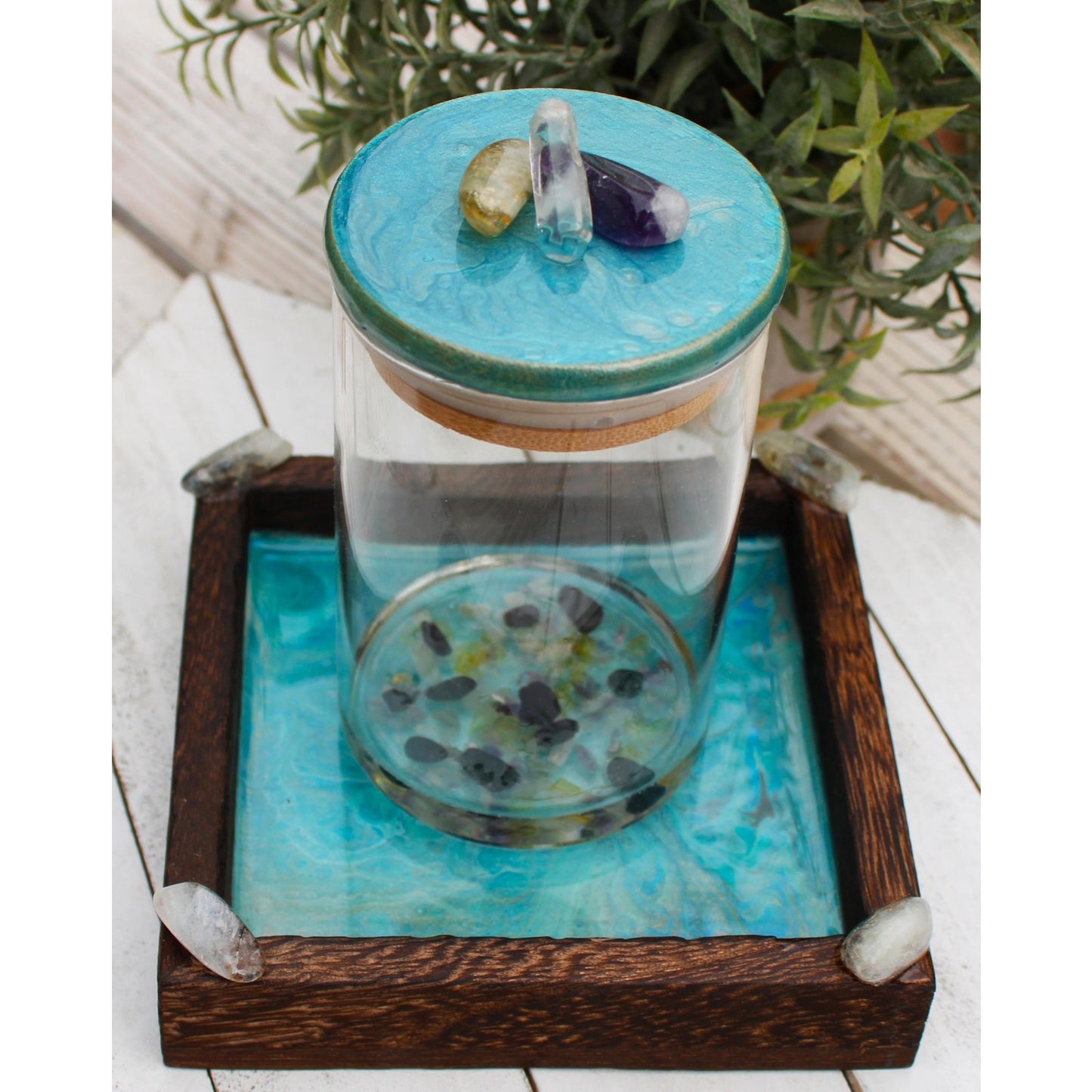 Manifestation Prayer Jar Set with Citrine, Amethyst & Clear Quartz – Hand Painted Tray – Crystal Intention Jar Spiritual Gift Energy Ritual