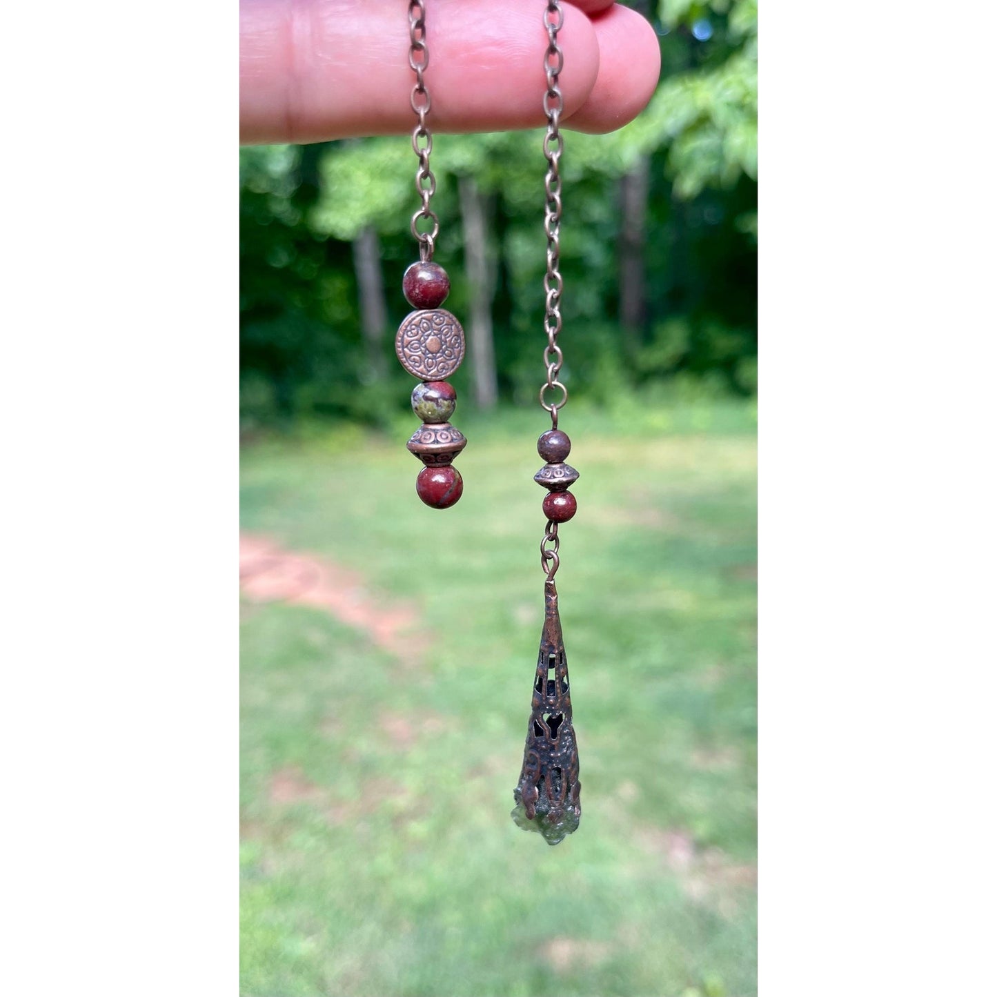 Authentic Moldavite Pendulum | 1.08 Gram Raw Moldavite | Dragon Blood Stone | Includes Certificate of Authenticity Handmade Divination Tool