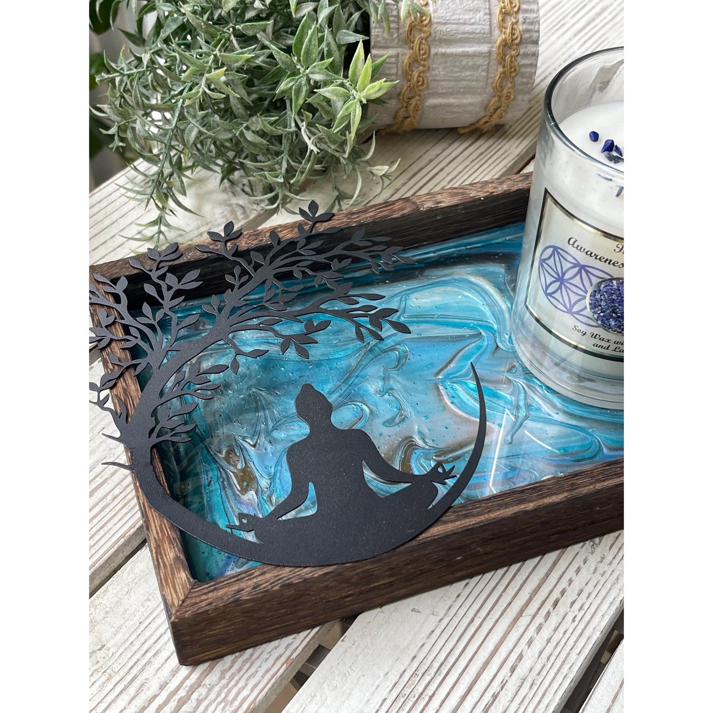 Meditation Altar Set • Resin Wood Tray with Gemstone Soy Candle • Spiritual Decor • Candle & Tray Set • Sacred Space Decor • Ritual Gift