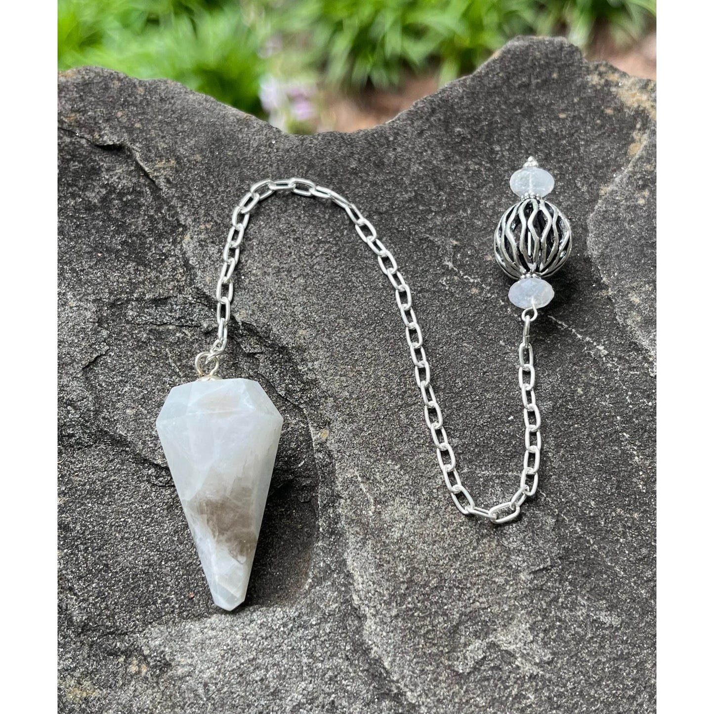 Luxury Moonstone Pendulum with Heavy Sterling Silver Precious Metal Chain | Handcrafted Moonstone Divination Tool | Sterling Silver Handle