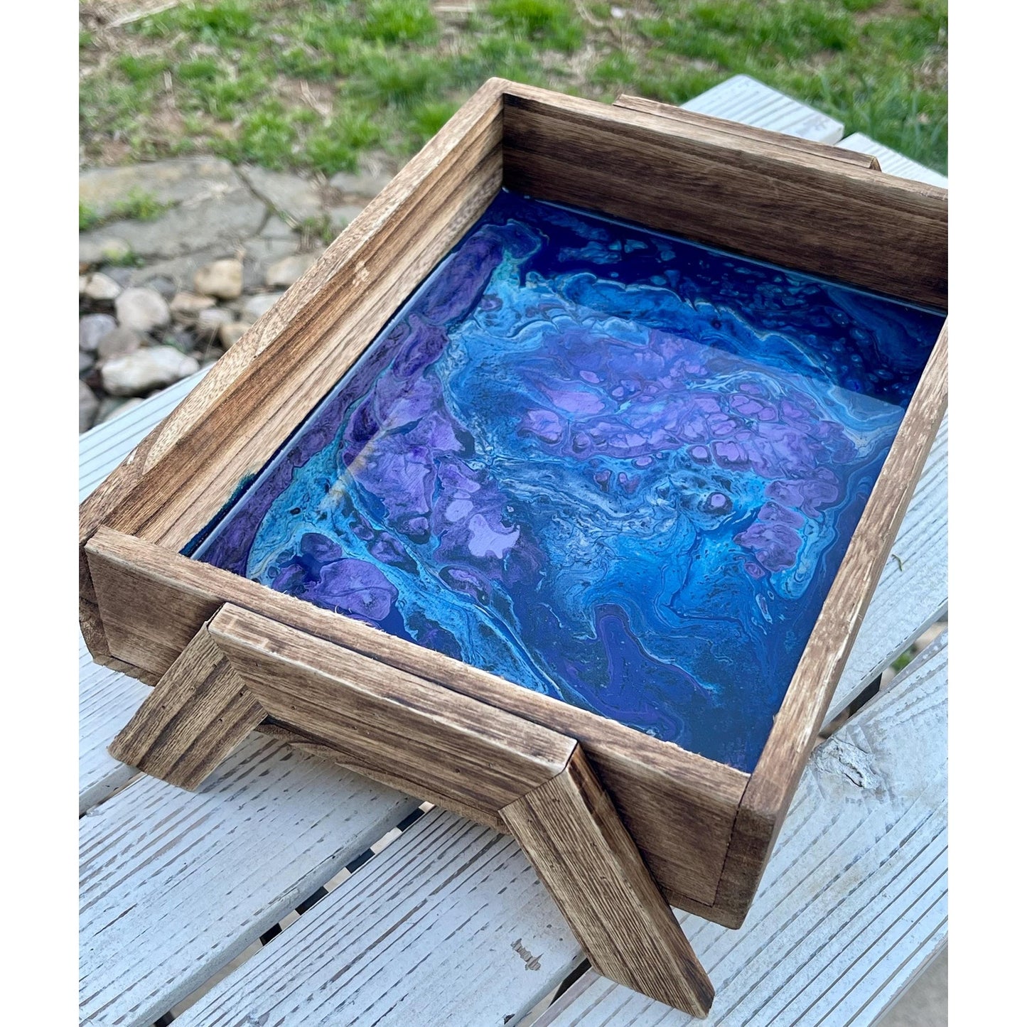 Midnight Tide Resin Art Tray • Blue & Violet Acrylic Pour •