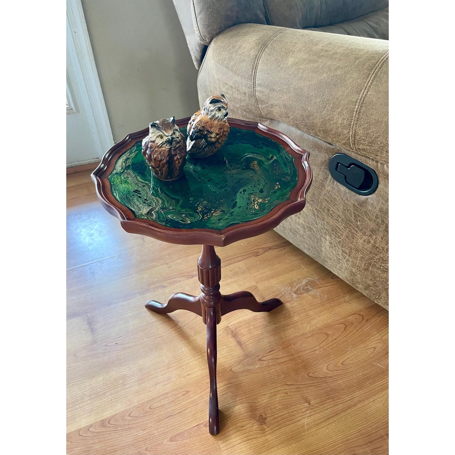 Vintage Resin Art Side Table – Emerald Tide Pour – Hand Painted Wood Table – One of a Kind Accent Table – Upcycled Furniture