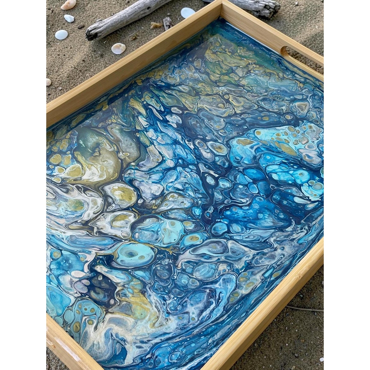 Abyssal Tide Resin Art Serving Tray – Ocean Inspired Acrylic Pour Tray – Bamboo Wood Handle Tray – Coastal Decor – Handmade Functional Art