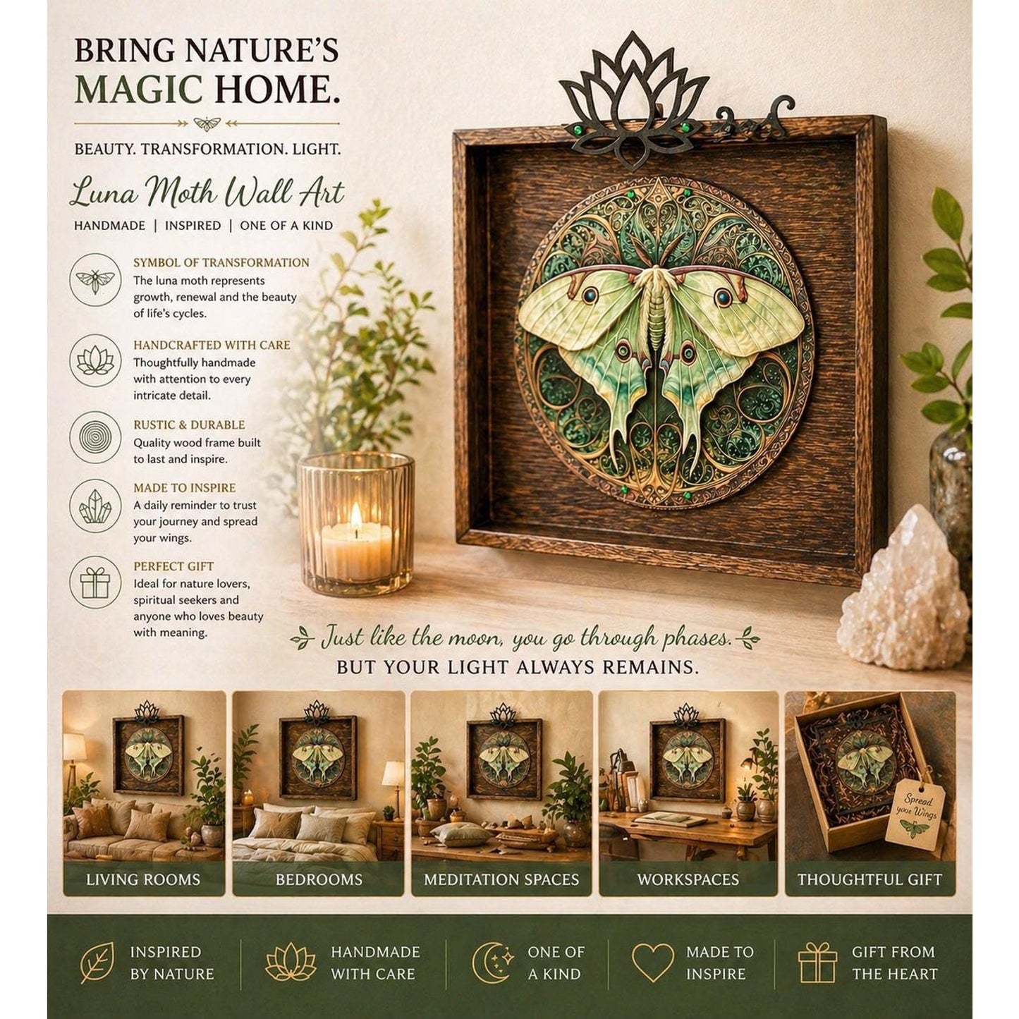 Luna Moth Wall Art 10.5” | Wood Framed Celestial Decor |