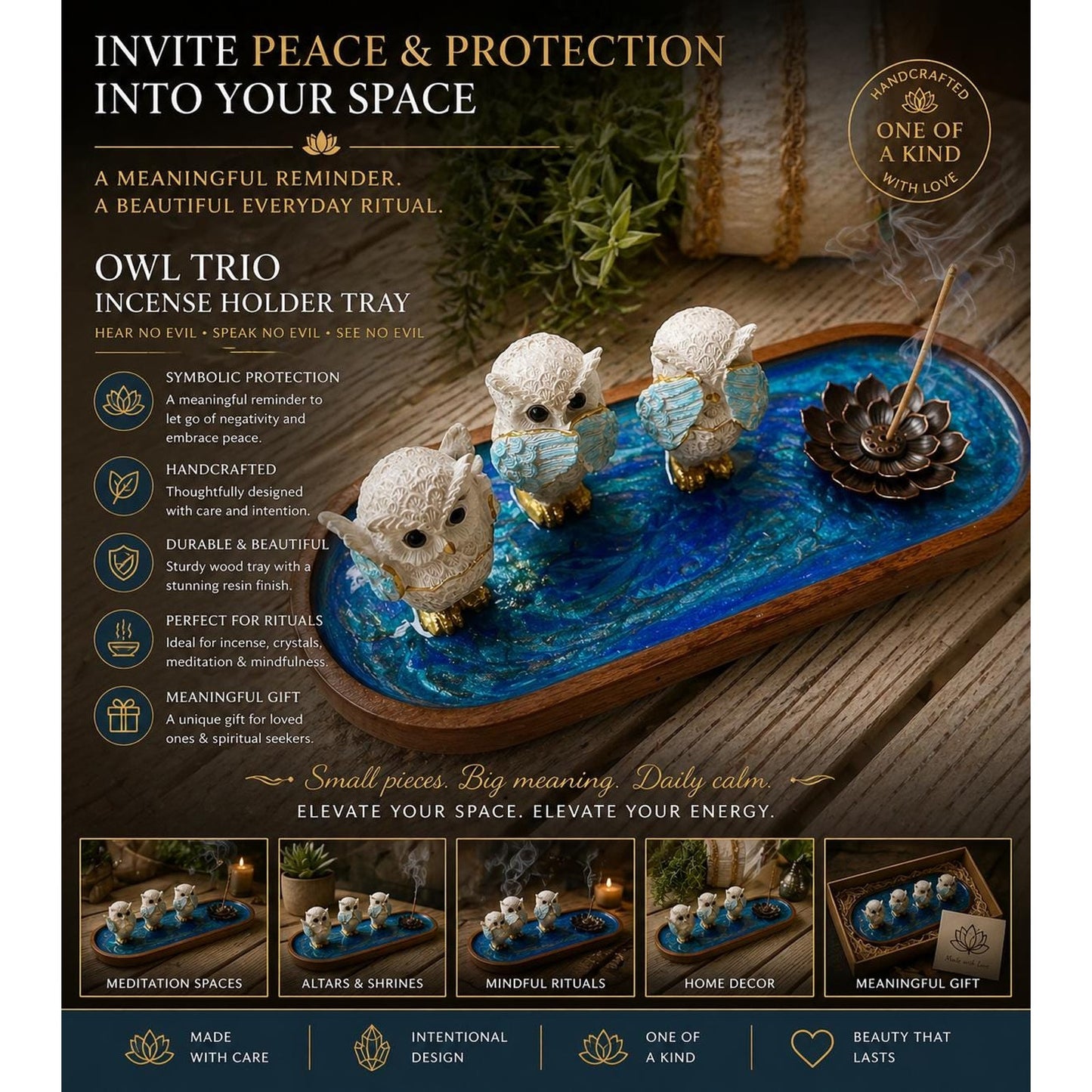 Incense Holder Tray Owl Hear No Evil, Speak No Evil, See No Evil