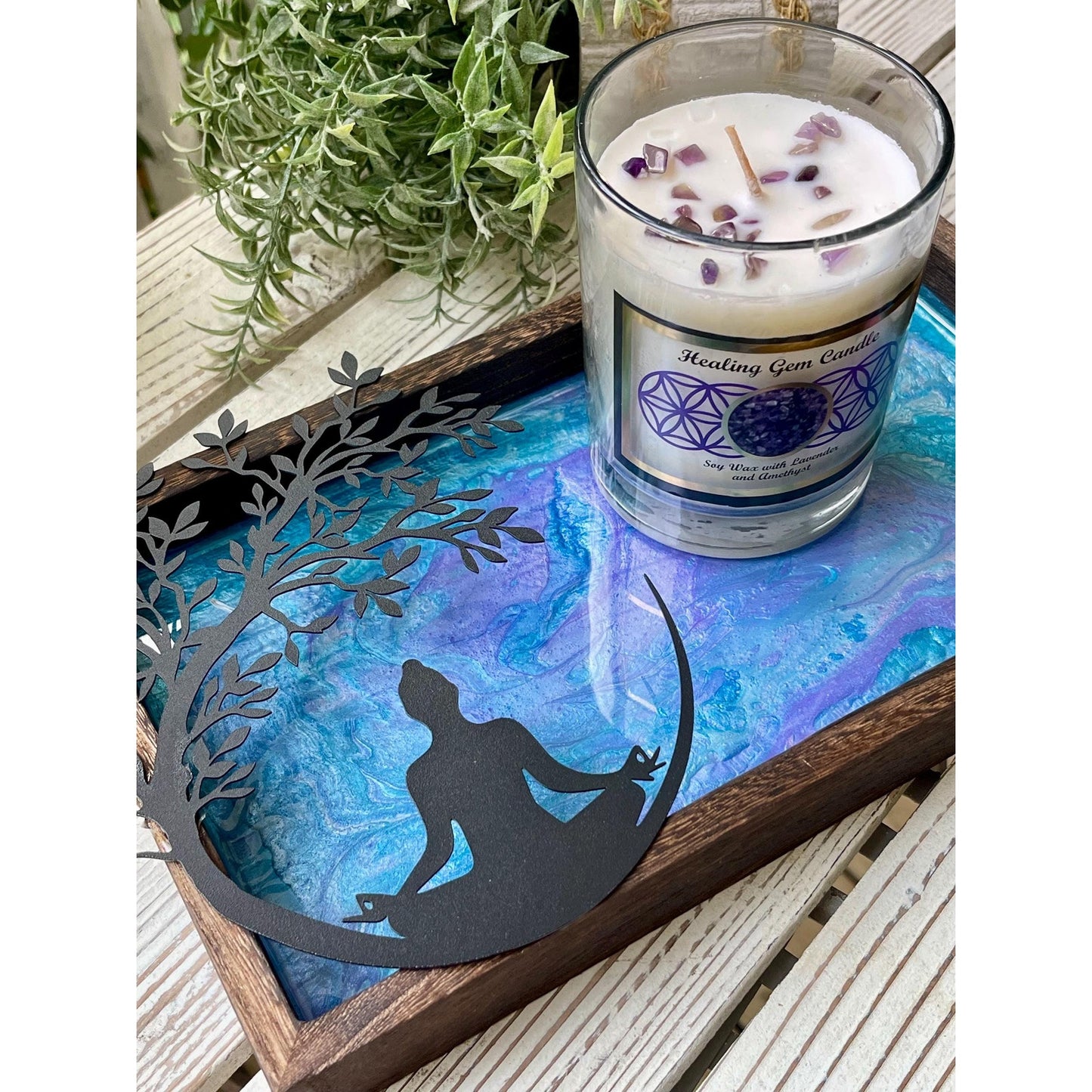 Meditation Altar Set • Resin Wood Tray with Gemstone Soy Candle • Spiritual Decor • Candle & Tray Set • Sacred Space Decor • Ritual Gift