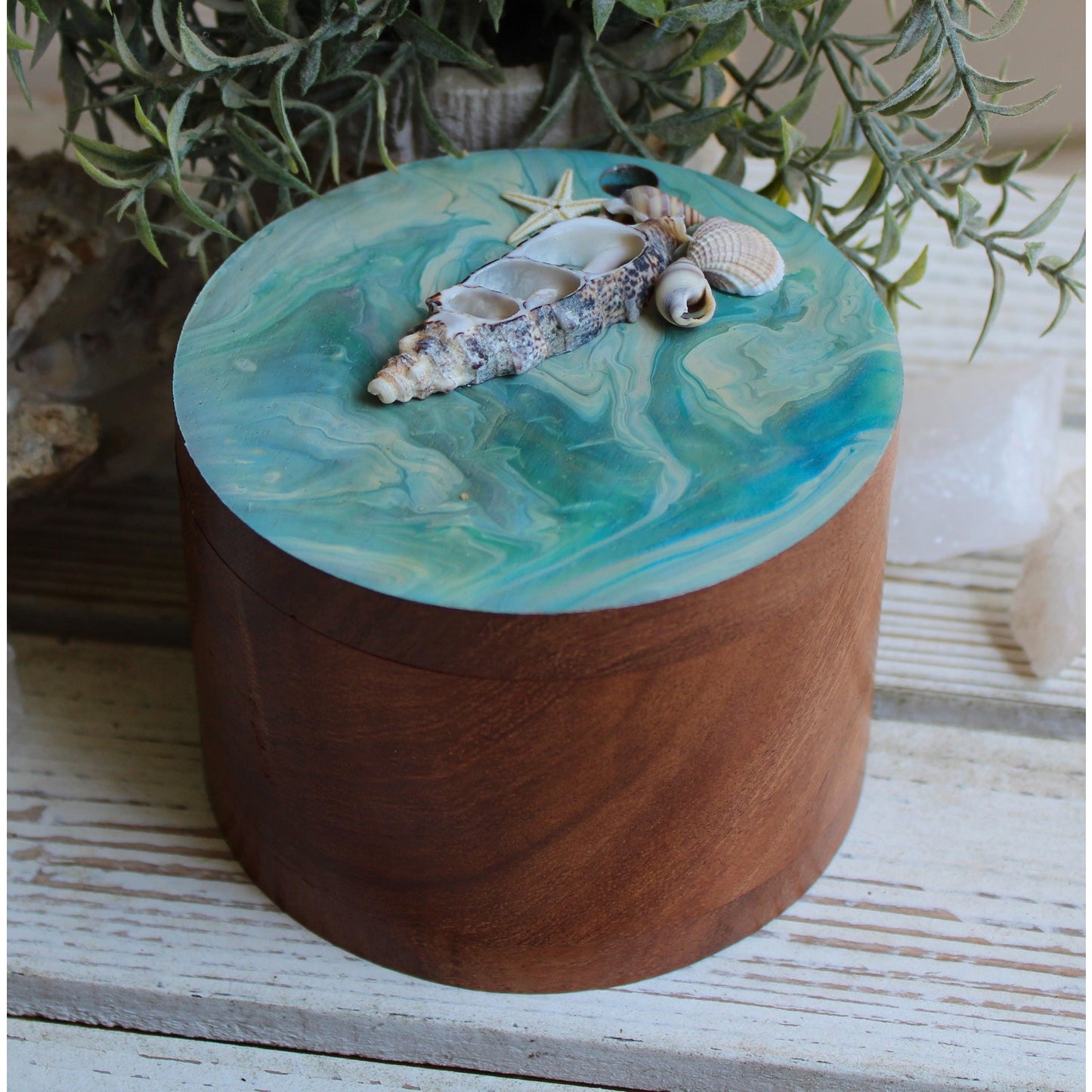Stash Box, Jewelry Box, Keepsake Box, Hand Painted Box Shells Beach 4" x 4 x 3"