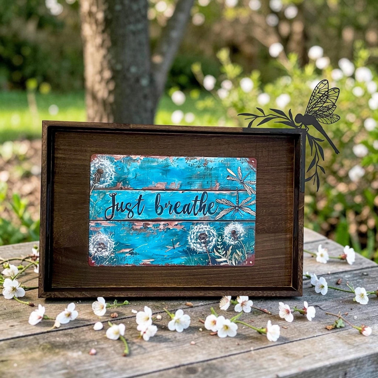 Handmade Wood Sign with Metal Fairy, Inspirational Decor, Dragonfly