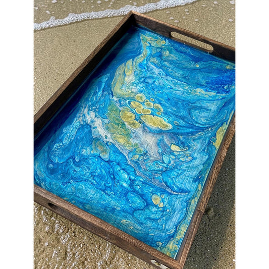 Celestial Tide Resin Art Serving Tray – Handmade Ocean Inspired Wood Tray – Blue & Gold Acrylic Pour Decor – Coastal Coffee Table Tray – 18”