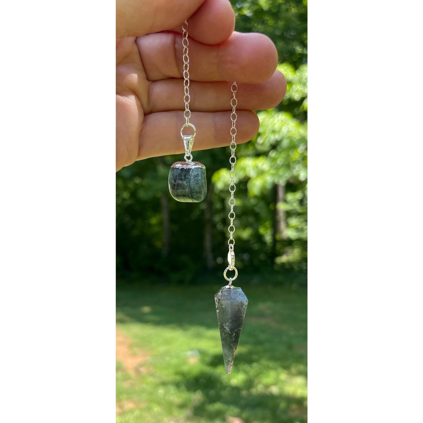 Moss Agate & Raw Emerald Sterling Silver Pendulum