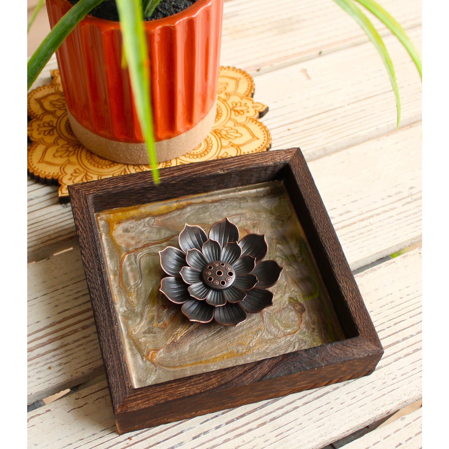 Lotus Incense Holder • Hand Painted Resin Art Tray •