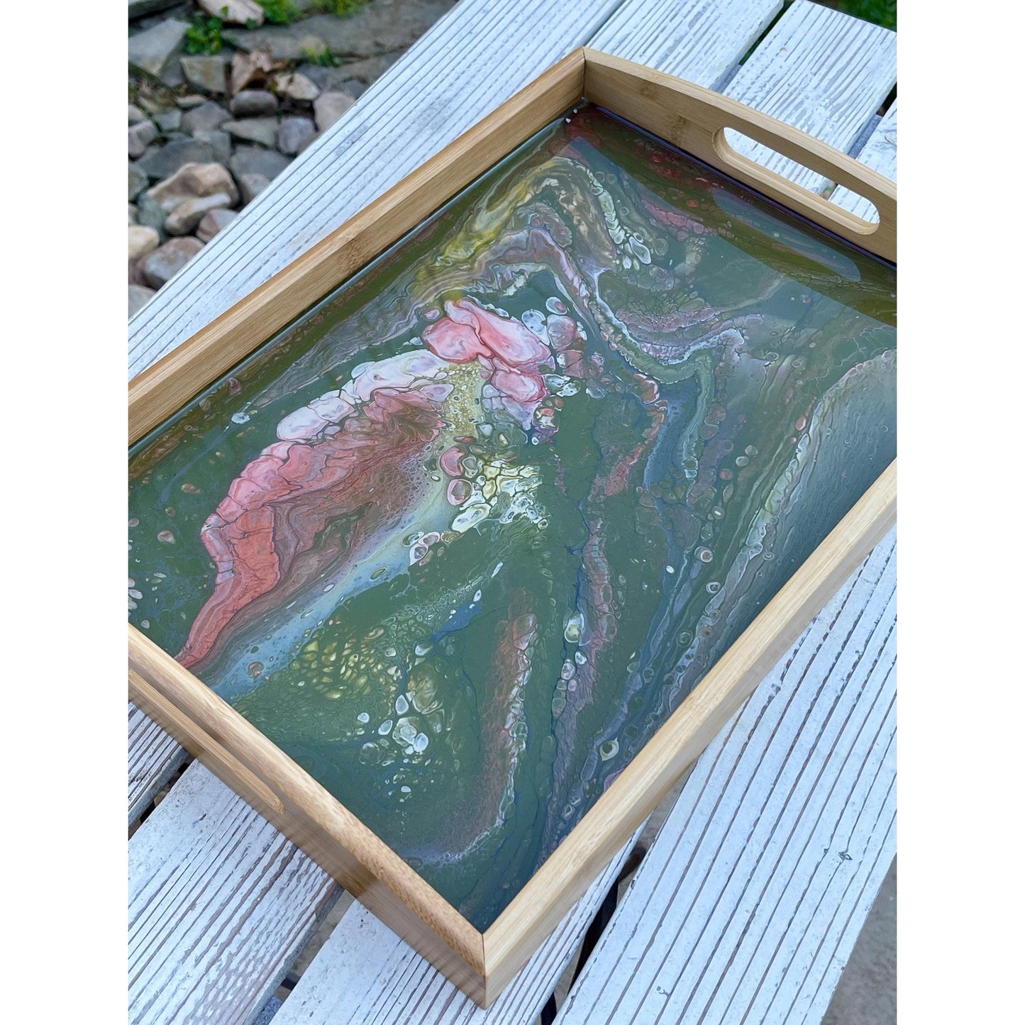 Earth Bloom Resin Tray • Green & Blush Acrylic Pour •