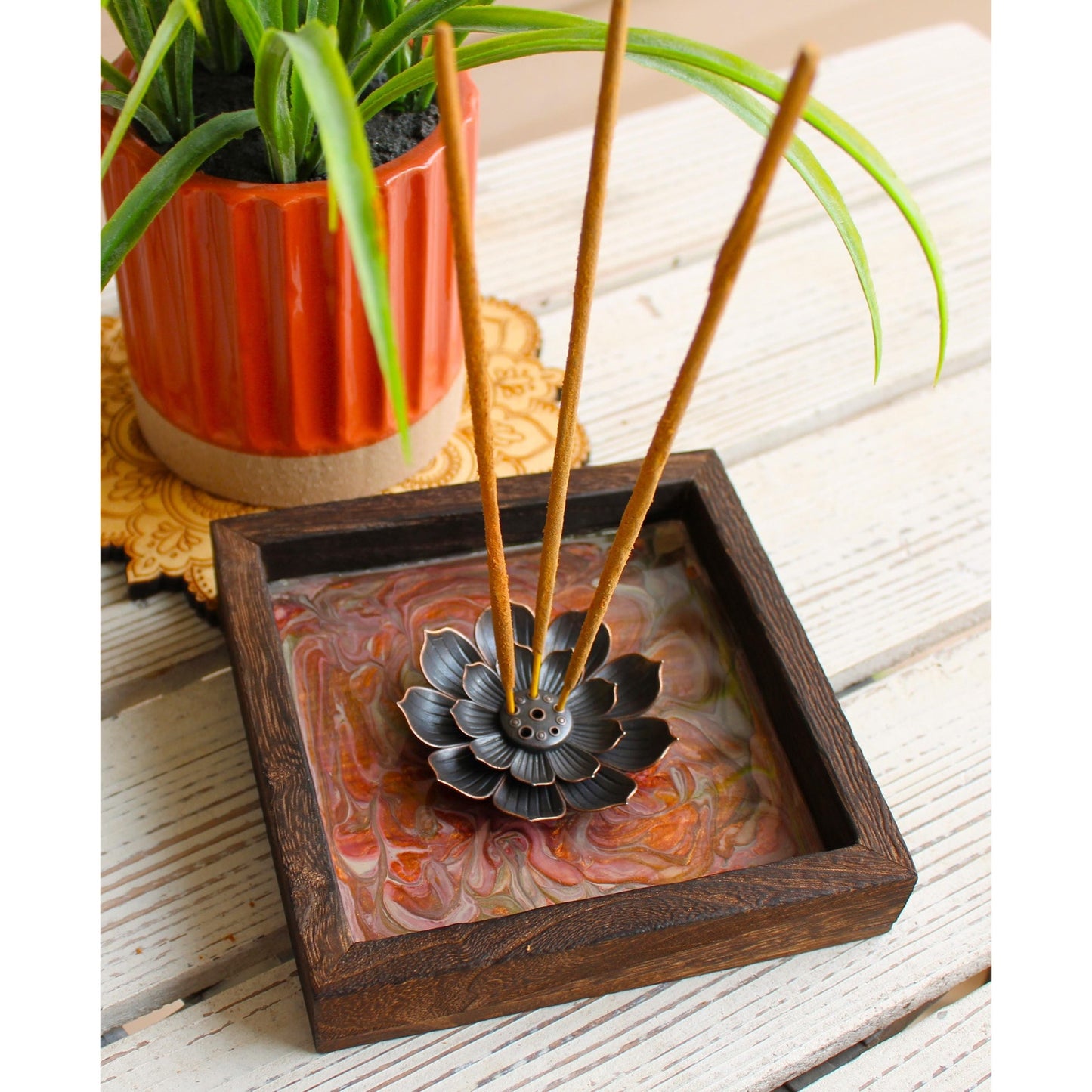 Lotus Incense Holder • Hand Painted Resin Art Tray •