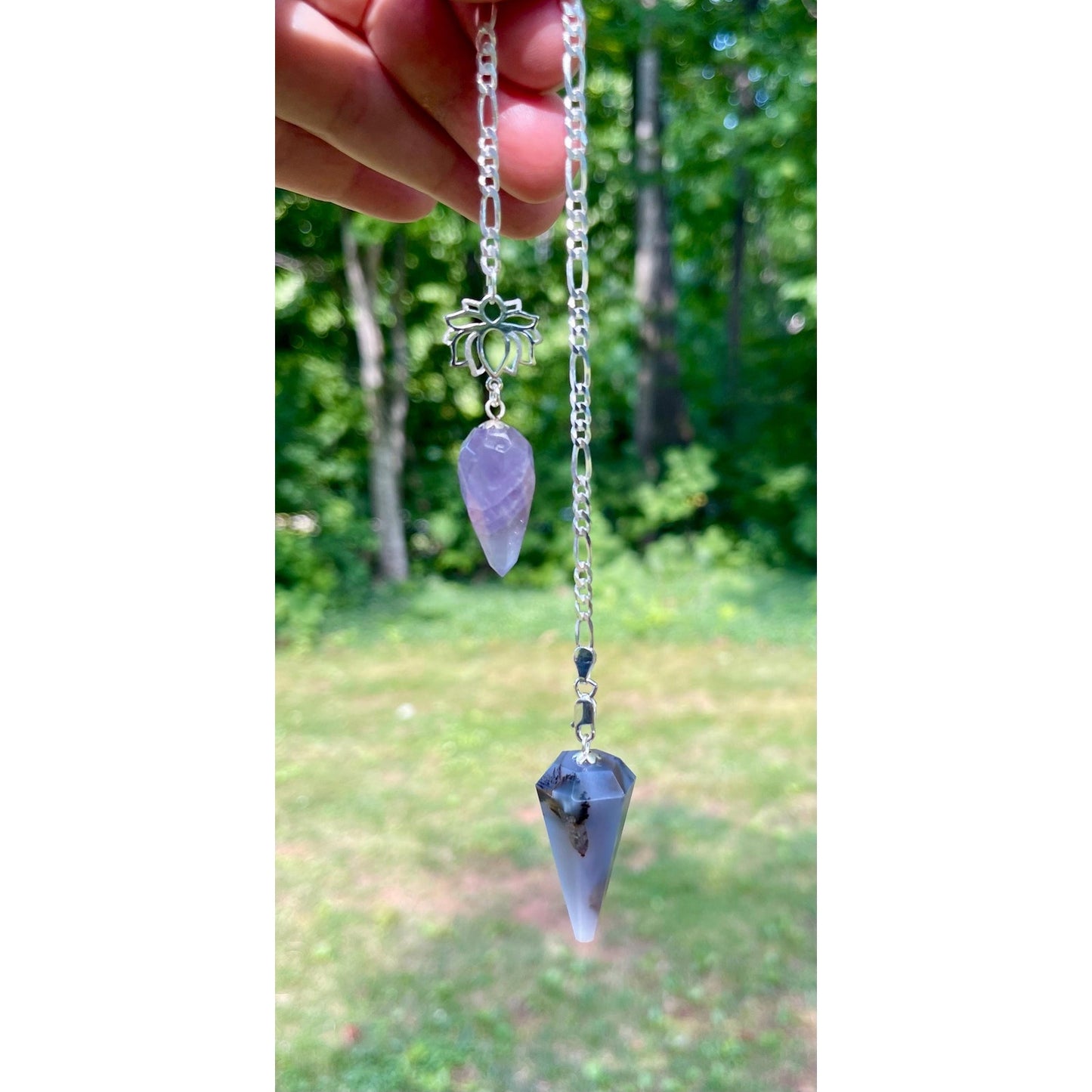 Luxury Dendrite Agate Pendulum | Amethyst Holder | Sterling Silver Lotus | Italian Sterling Silver Plated Chain | Handmade Crystal Pendulum