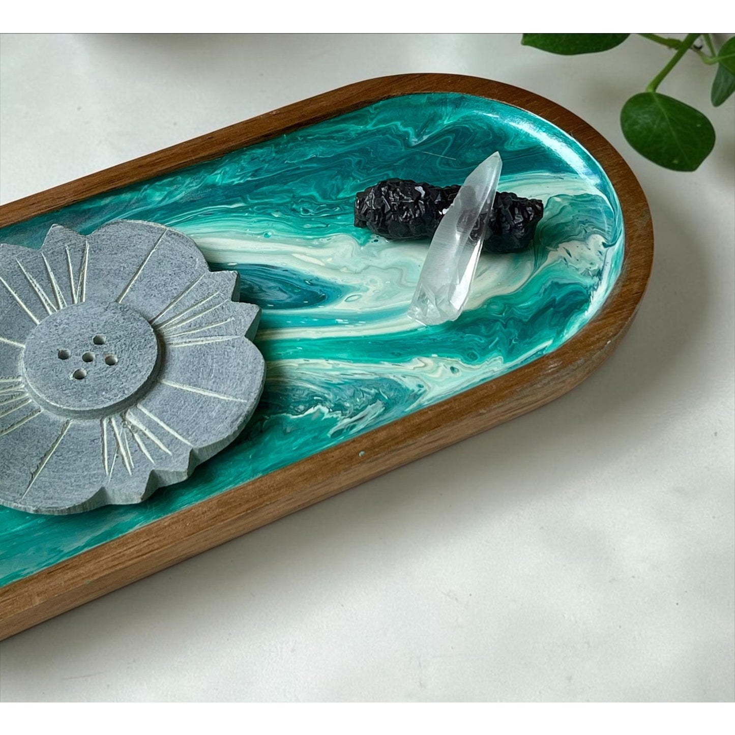 Hand Painted Incense & Votive Tray with Prophecy Stone, Lemurian Seed Quartz – Spiritual Altar Decor – 11” x 4”