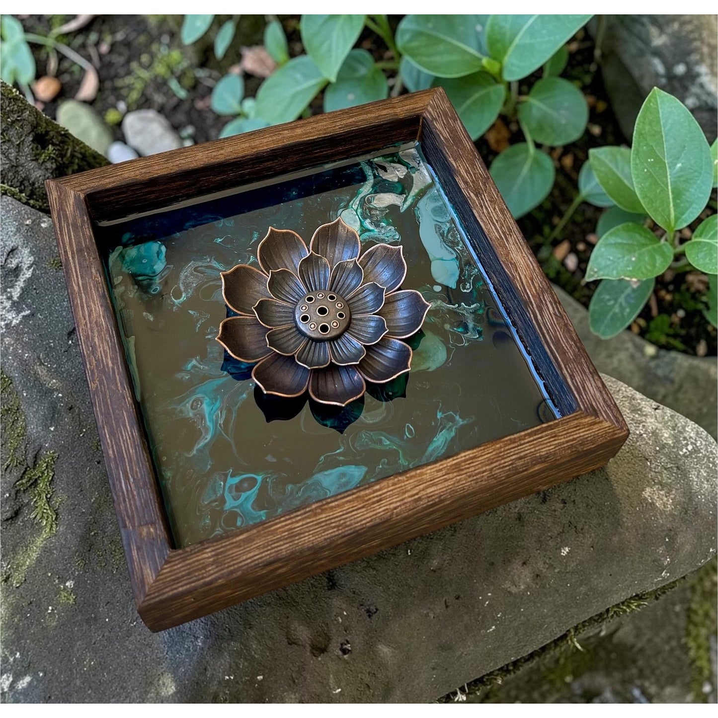 Glacial Vein Collection Lotus Incense Burner Resin Art Decor | Turquoise Lotus Burner | Meditation Altar Decor | 4 Inch
