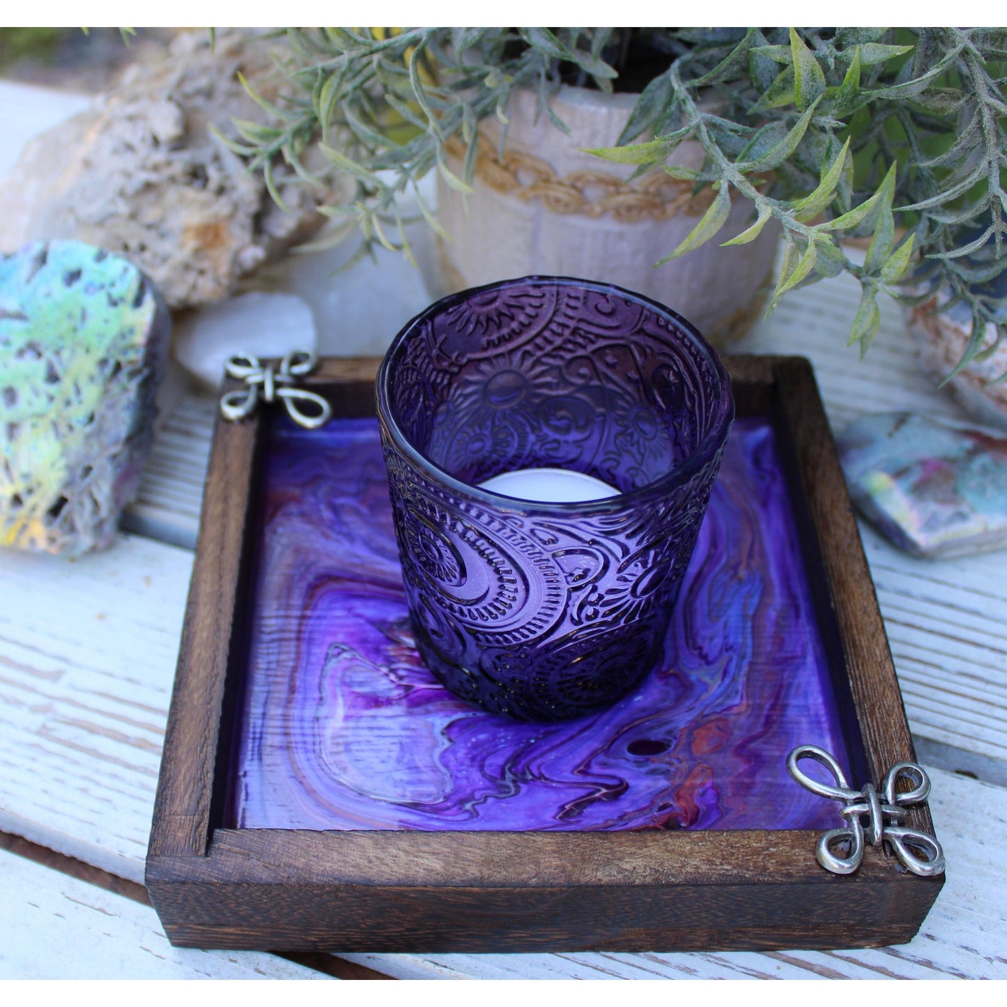 Candle Holder and Candle Celtic Harmony Hand Painted Wood