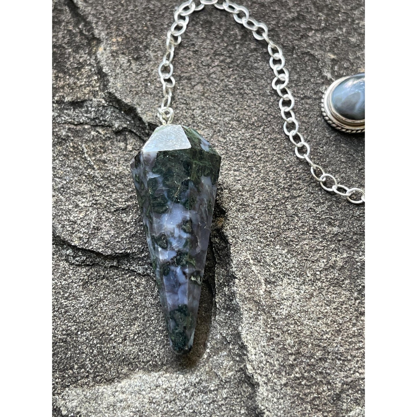 Indigo Gabbro & Banded Black Onyx Luxury Pendulum | Sterling Silver Chain | Mystic Merlinite Divination Tool